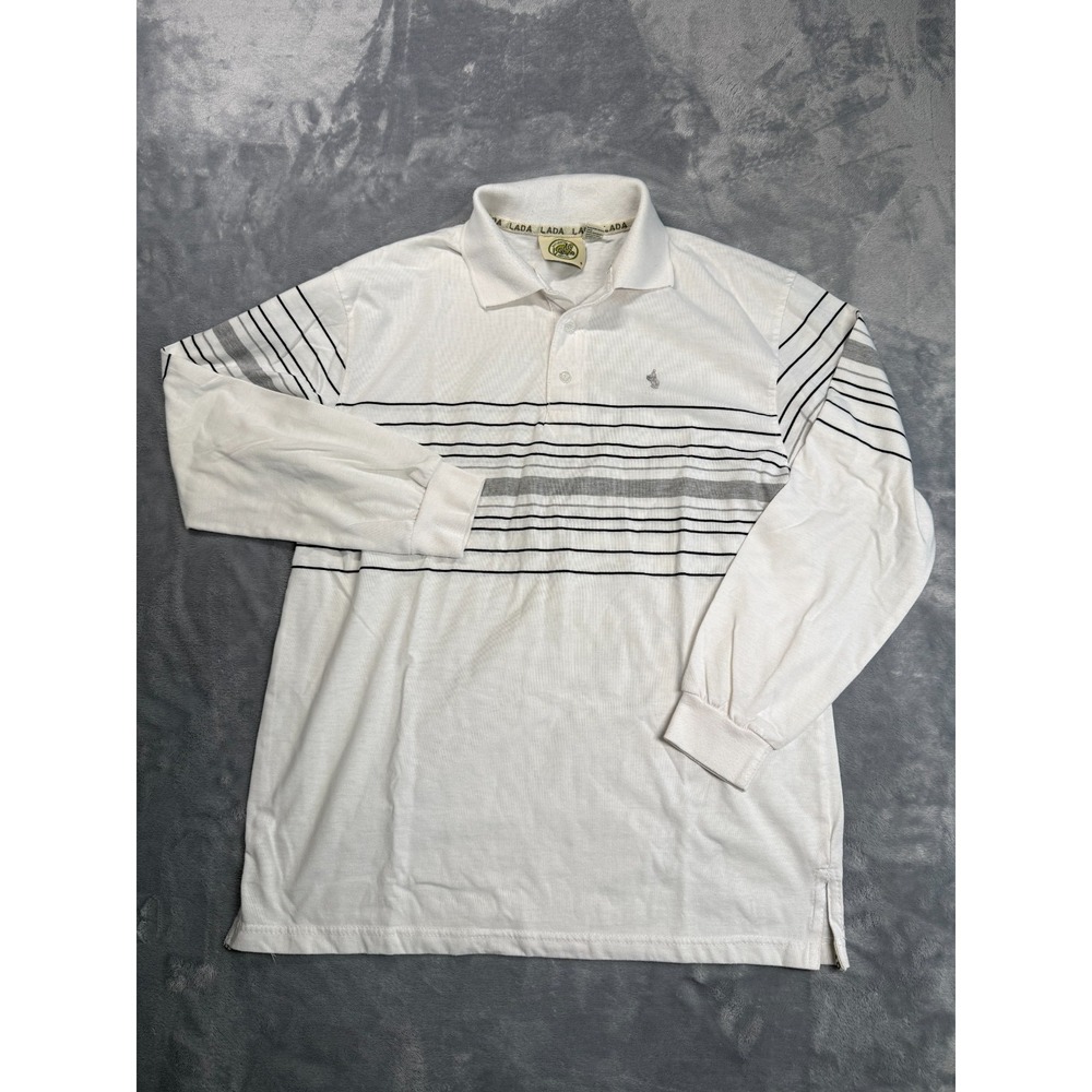 Lada Polo Shirt Mens S White Striped Cotton Short Sleeve Golf Tennis Side Slit